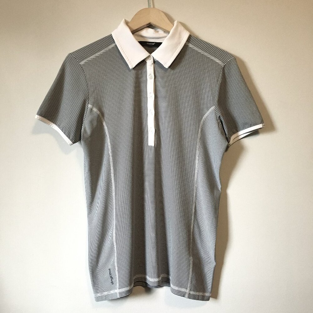 Abacus Drycool Pinstripe Golf Polo Shirt Button Collar Grey and White Stripes